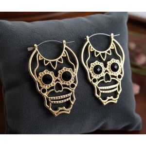 Piper K Sugar Skull Earrings Gold Tone Black Eye Large Statement Jewelry NIB